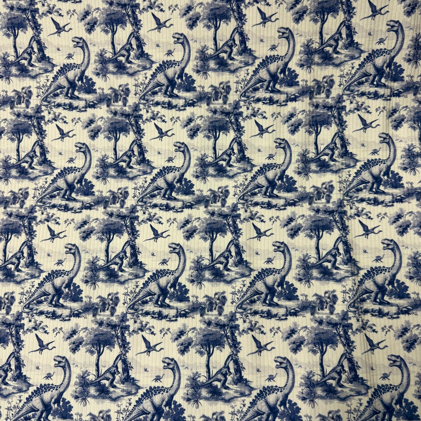 Blue Dino Toile on Bamboo/Spandex Rib Knit Fabric