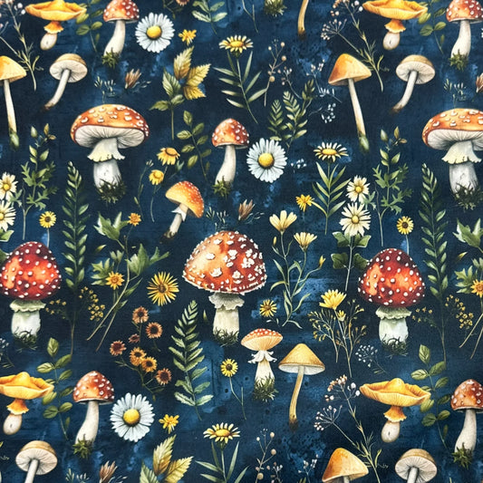 Nature's Fabrics mushroom and floral print fabric with organic cotton design