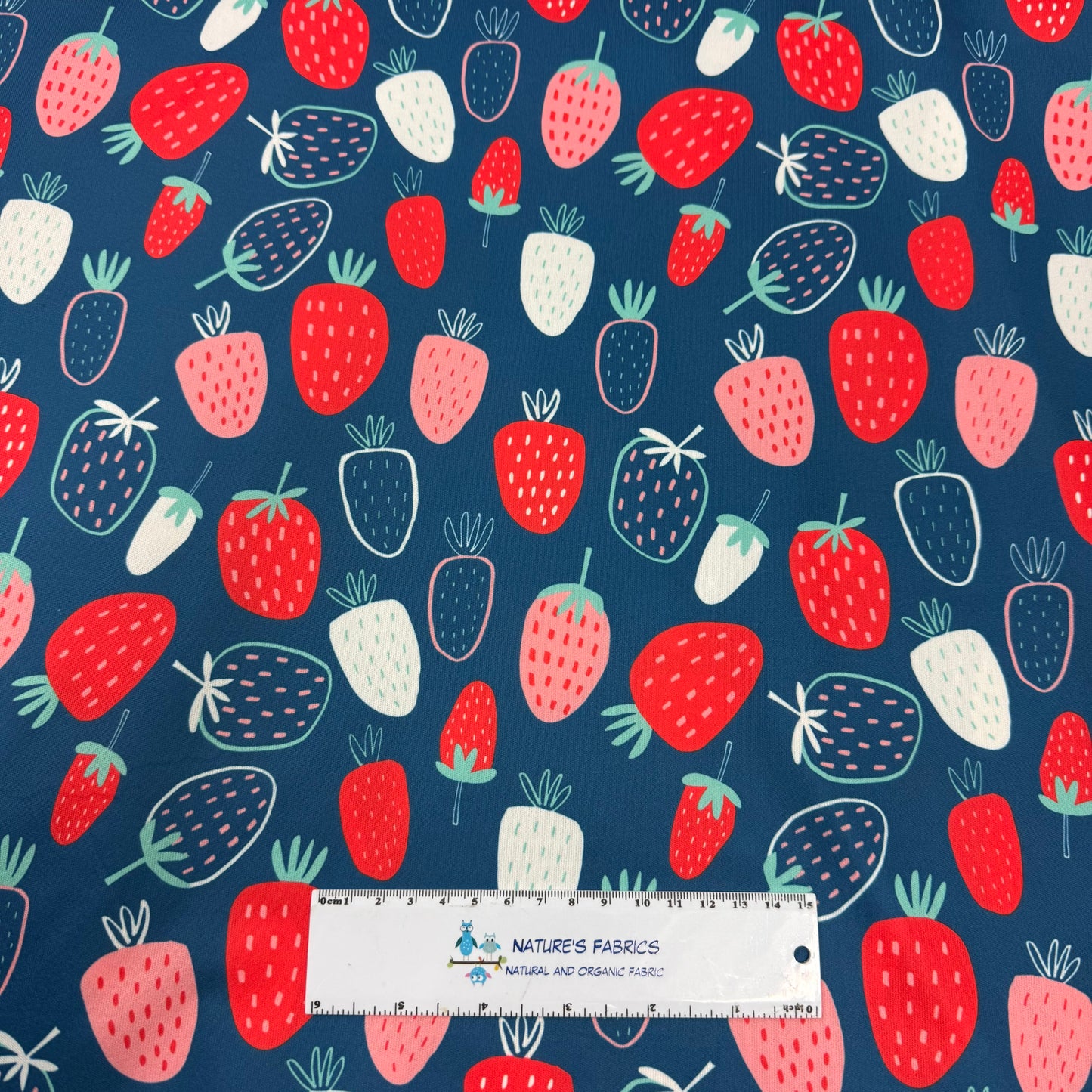 Summer Strawberries on Navy 1 mil PUL Fabric - Made in the USA