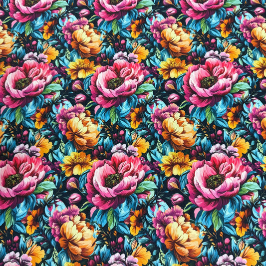 Nature's Fabrics floral print fabric with vibrant pink and yellow peonies on dark background
