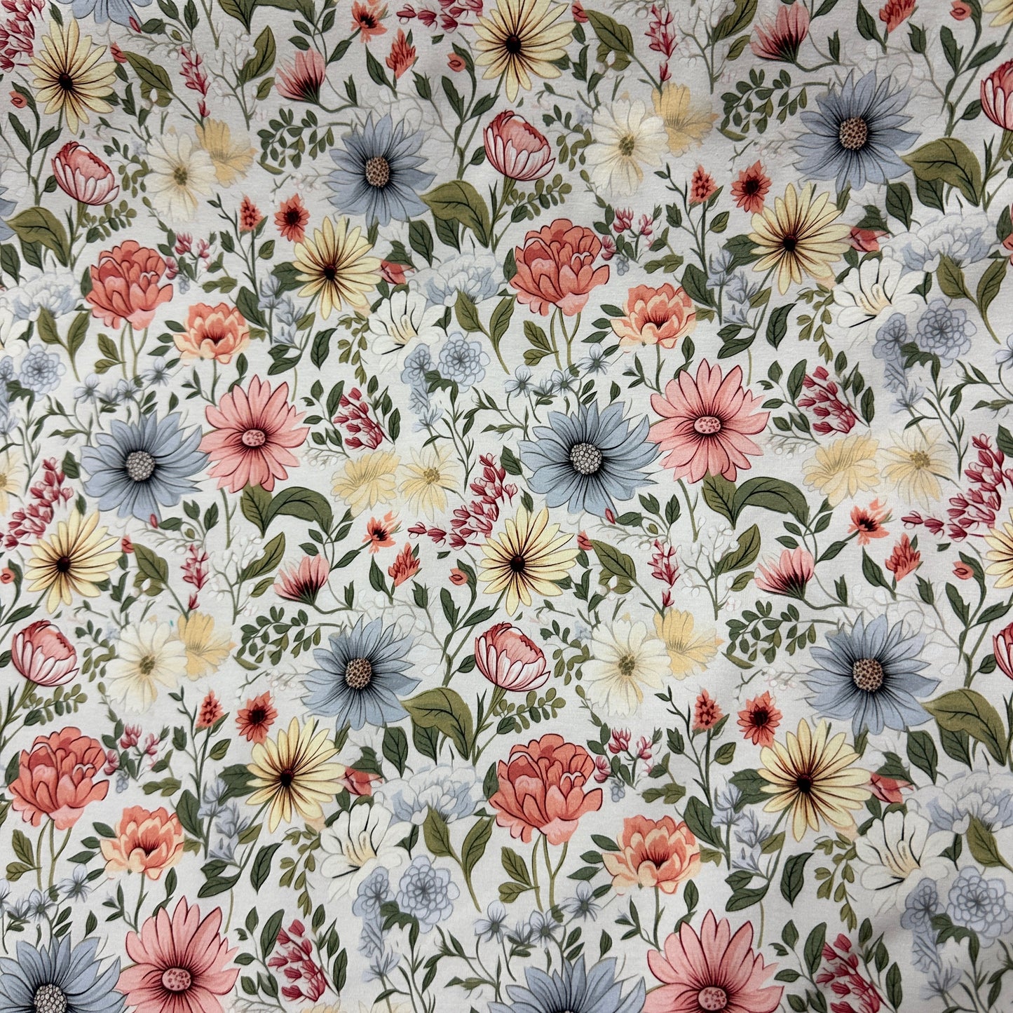 Pink and Blue Daisies on Organic Cotton/Spandex Jersey Fabric