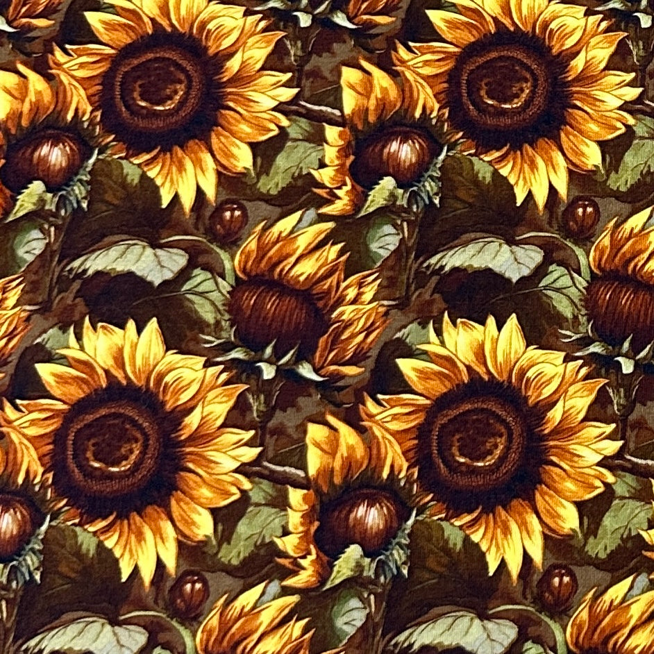 Sunflowers on Brown Bamboo Stretch French Terry Fabric
