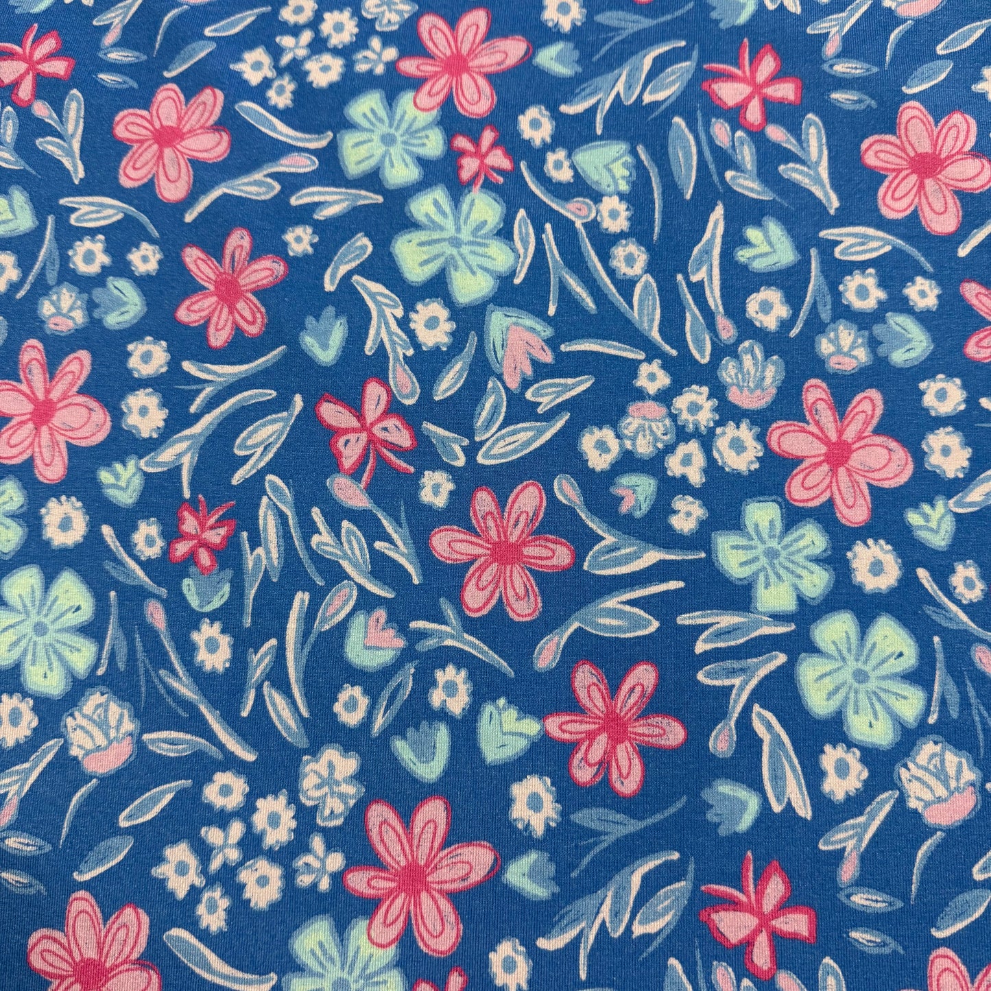Pink and Blue Floral on Blue Bamboo/Spandex Jersey Fabric - 200GSM