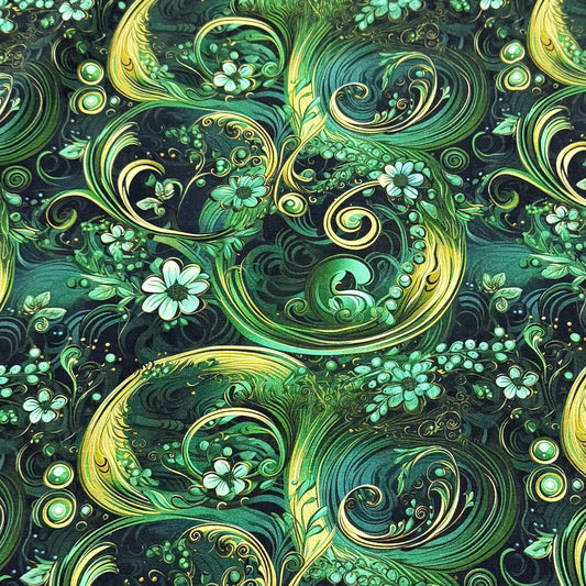 Nature's Fabrics green swirling floral pattern fabric with white blossoms.