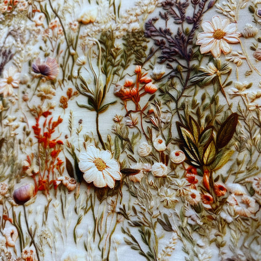 Embroidered Antique Flowers on Organic Cotton/Spandex Jersey Fabric