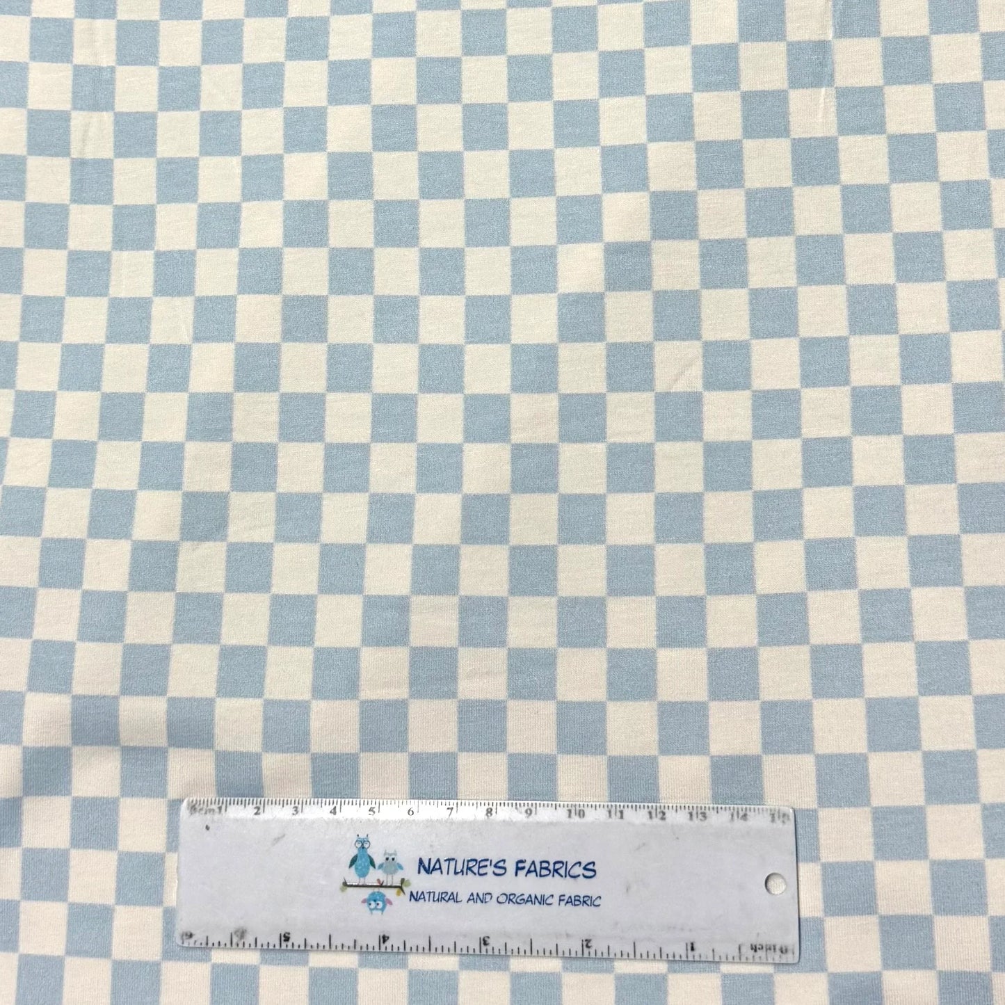 Blue Check on Off White Bamboo/Spandex Jersey Fabric _ Printed in the USA