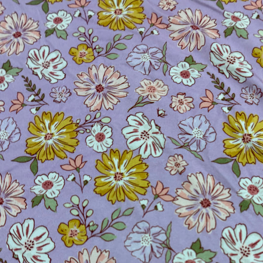 Pink and Yellow Flowers on Purple Bamboo/Spandex Jersey Fabric - 200 GSM