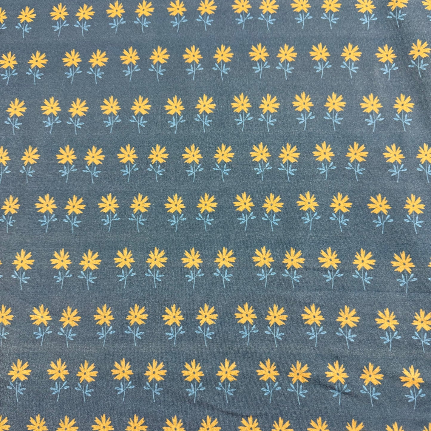 Tan Flowers on Blue Bamboo/Spandex Jersey Fabric - Printed in the USA