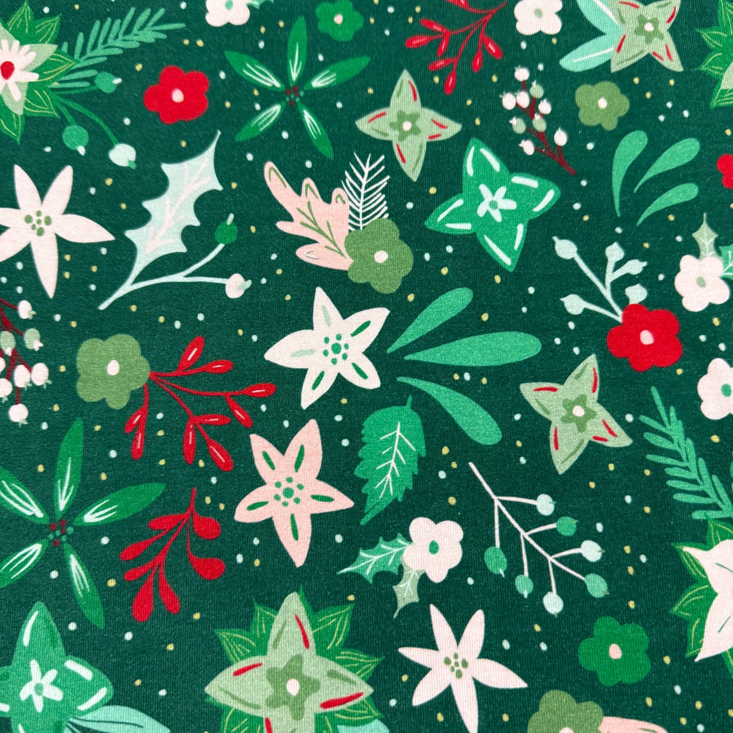 Winter Floral on Green Bamboo/Spandex Jersey Fabric - 200GSM