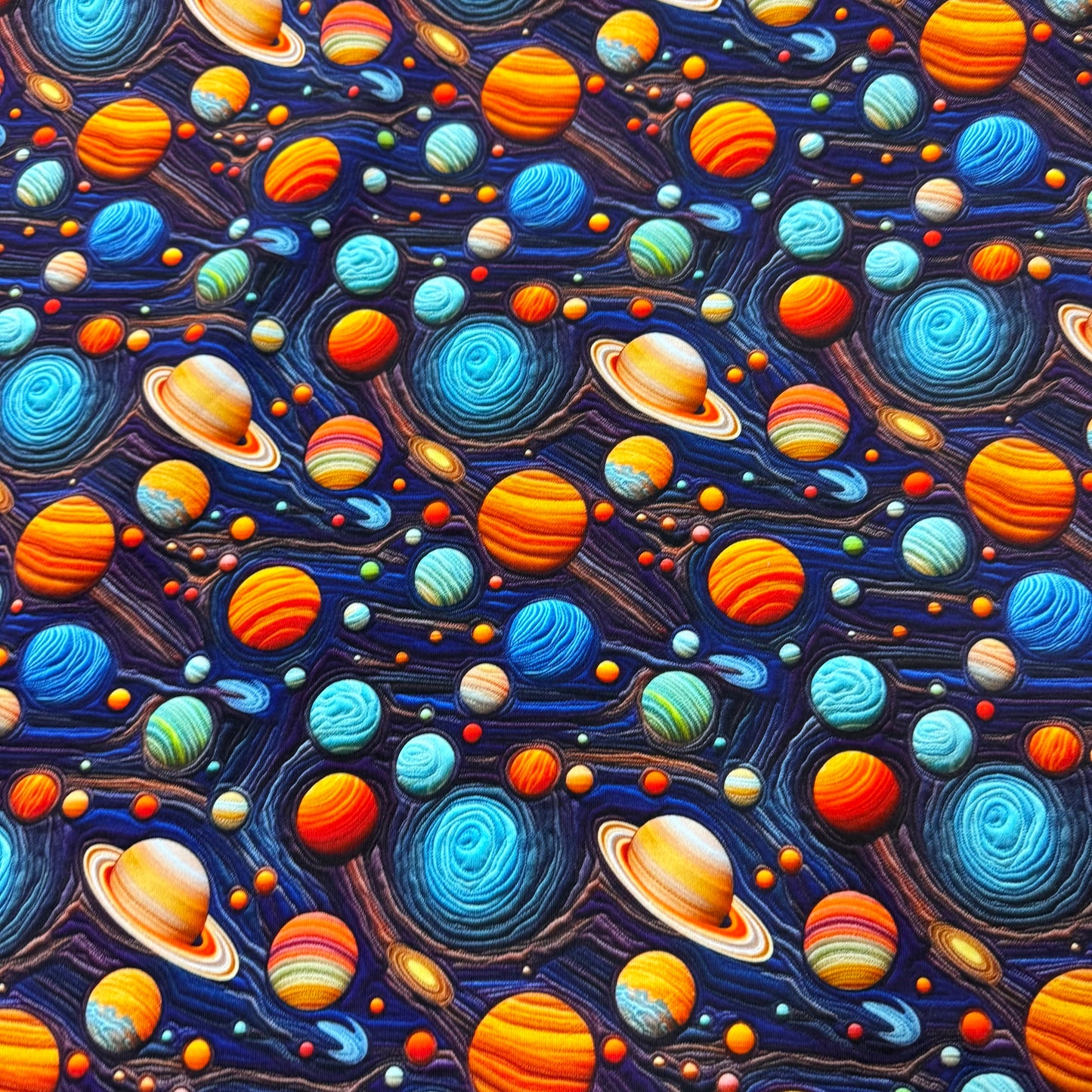 Embroidered Planets on Bamboo/Spandex Jersey Fabric