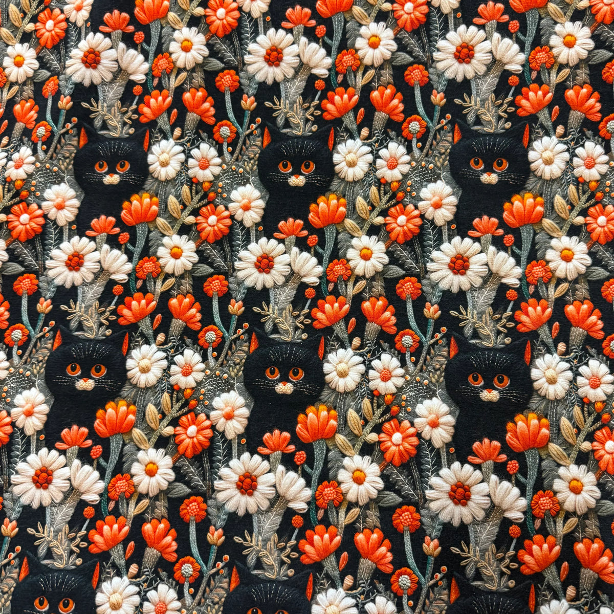 Black cats and floral embroidery on fabric by Nature's Fabrics