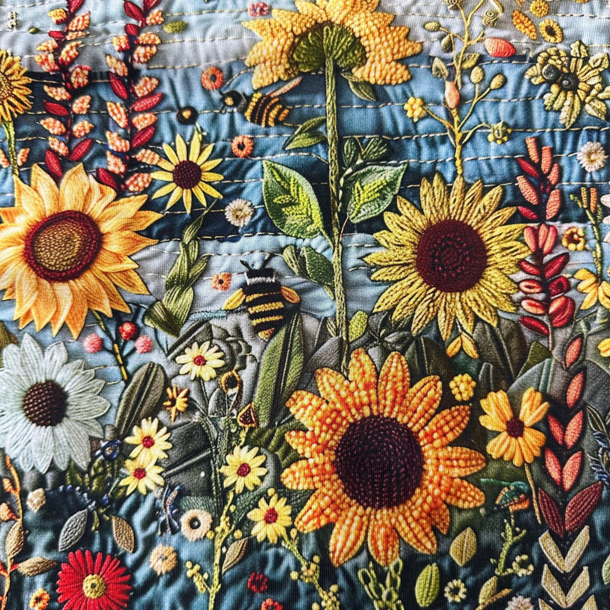 Sunflower and bee print fabric by Nature's Fabrics, featuring vibrant floral designs on natural cotton yardage.