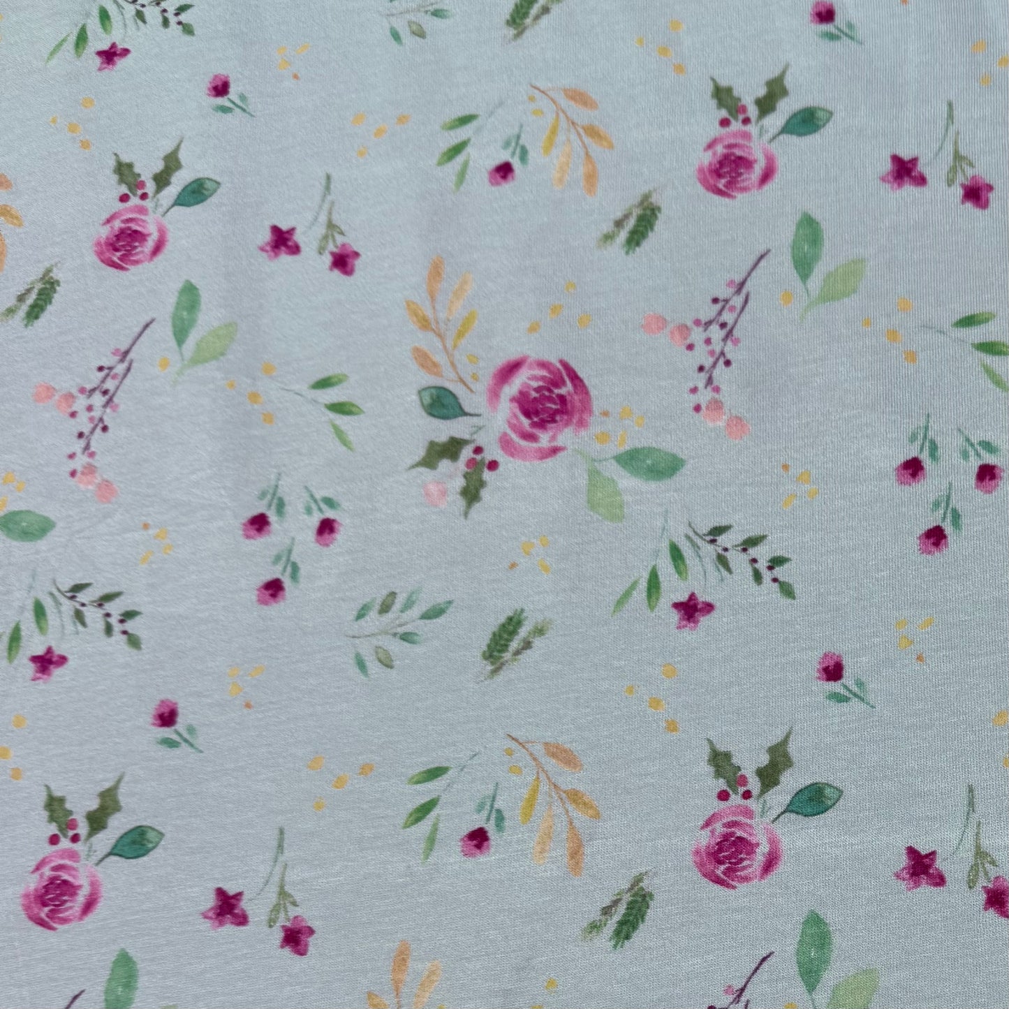 Winter Roses on Teal Bamboo/Spandex Jersey Fabric - Printed in the USA