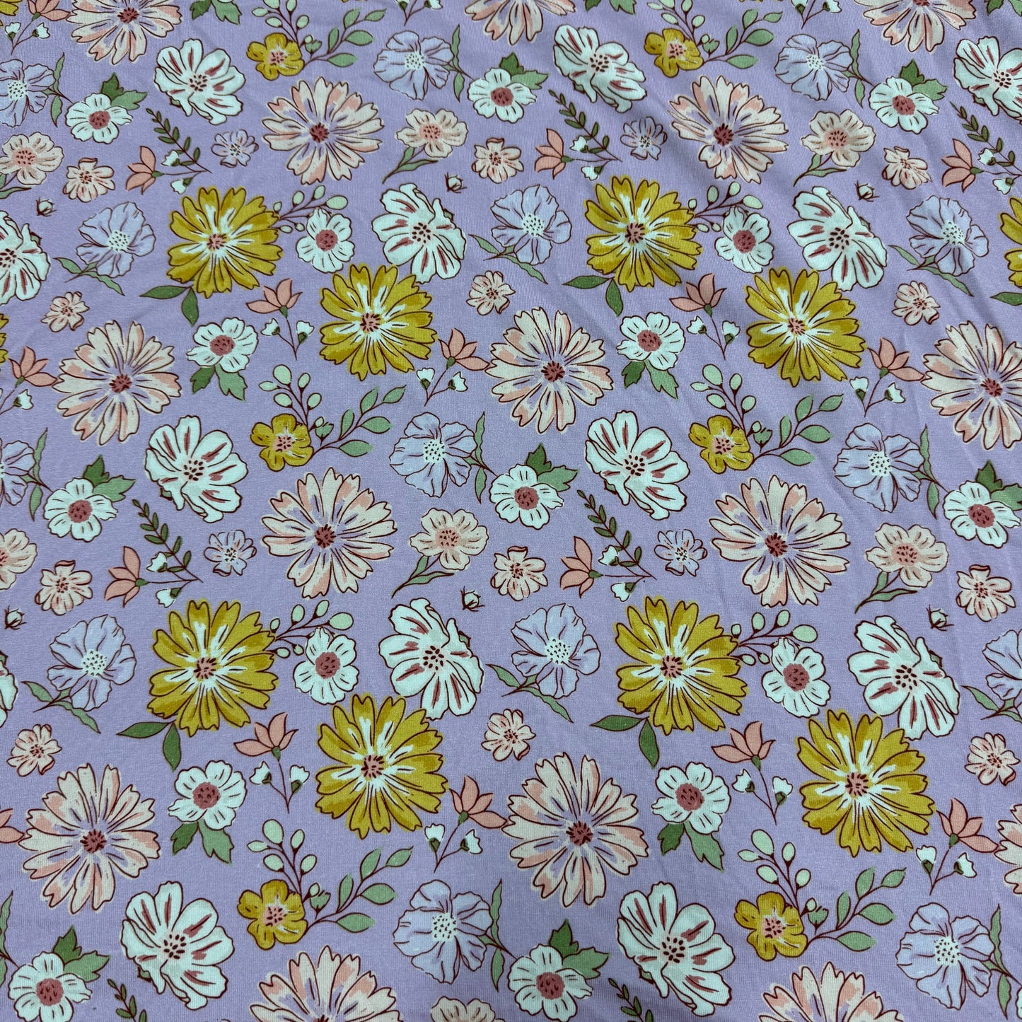 Pink and Yellow Flowers on Purple Bamboo/Spandex Jersey Fabric - 200 GSM