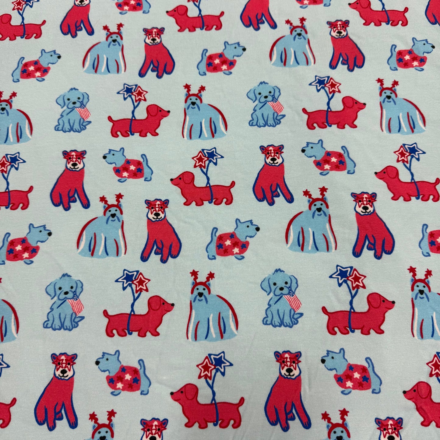 Patriotic Dogs on Blue Bamboo/Spandex Jersey Fabric - 200 GSM