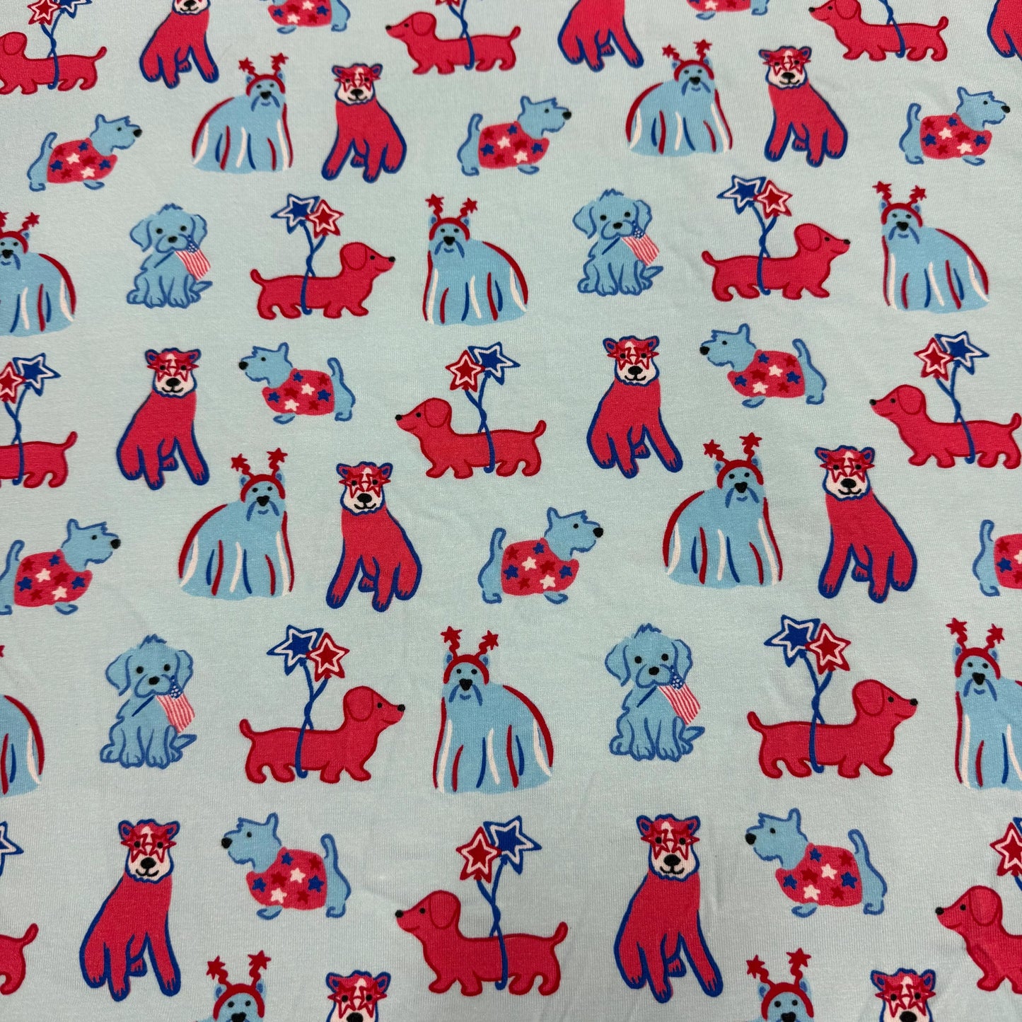 Patriotic Dogs on Blue Bamboo/Spandex Jersey Fabric - 200 GSM