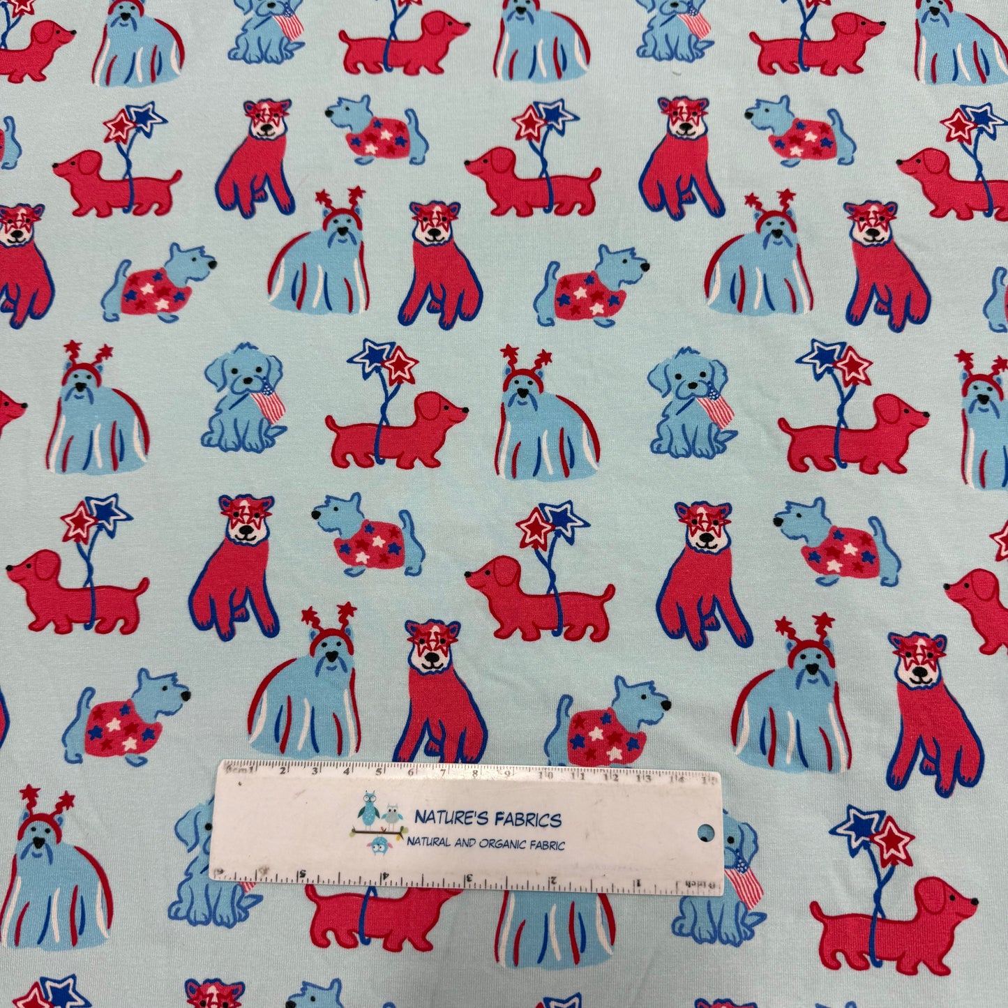 Patriotic Dogs on Blue Bamboo/Spandex Jersey Fabric - 200 GSM