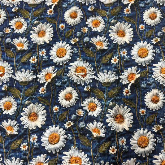 Nature's Fabrics daisy floral pattern on blue fabric with organic cotton texture