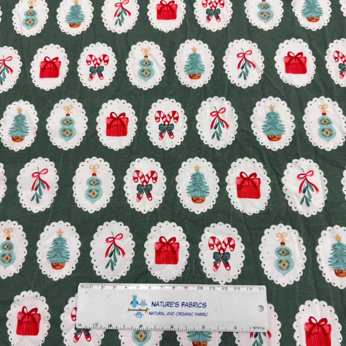 Christmas Tags on Green Bamboo/Spandex Jersey Fabric - 200 GSM