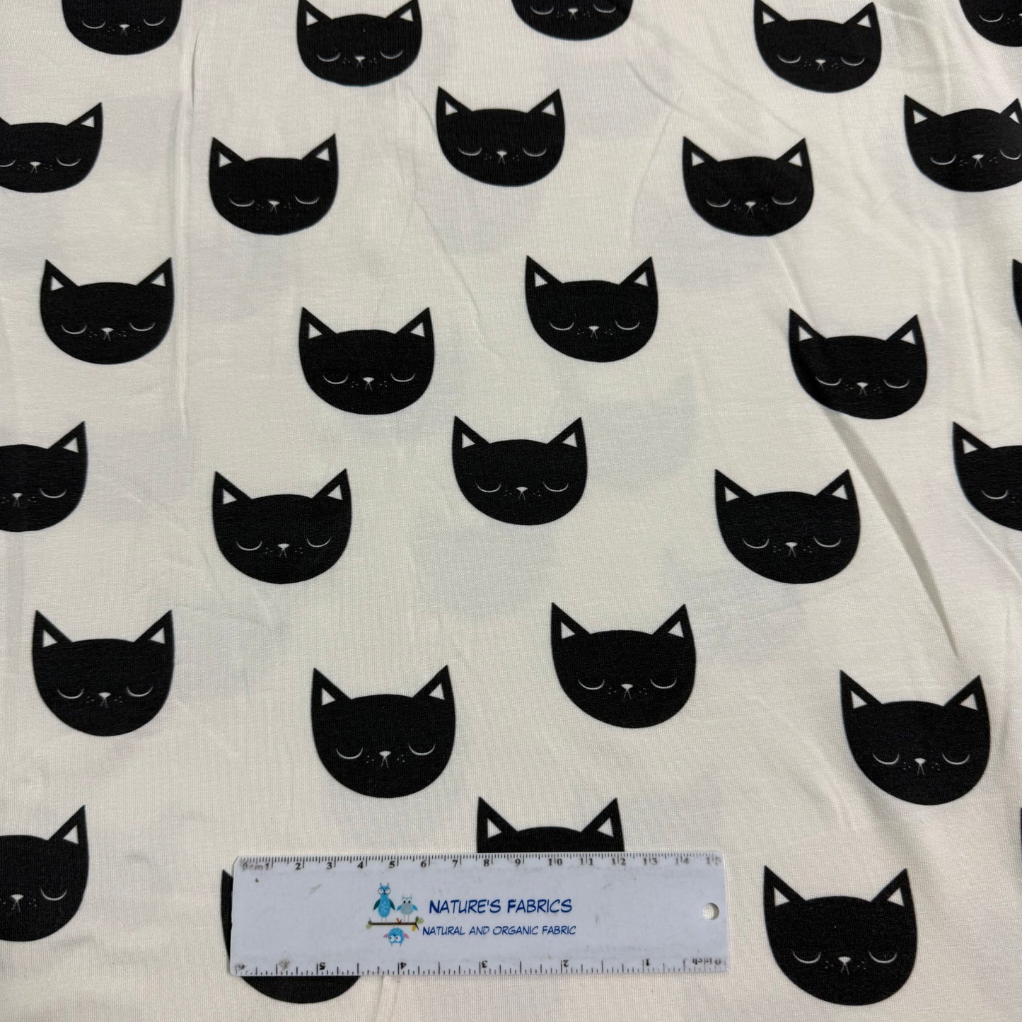Black Cats on Off White Bamboo/Spandex Jersey Fabric - Printed in the USA