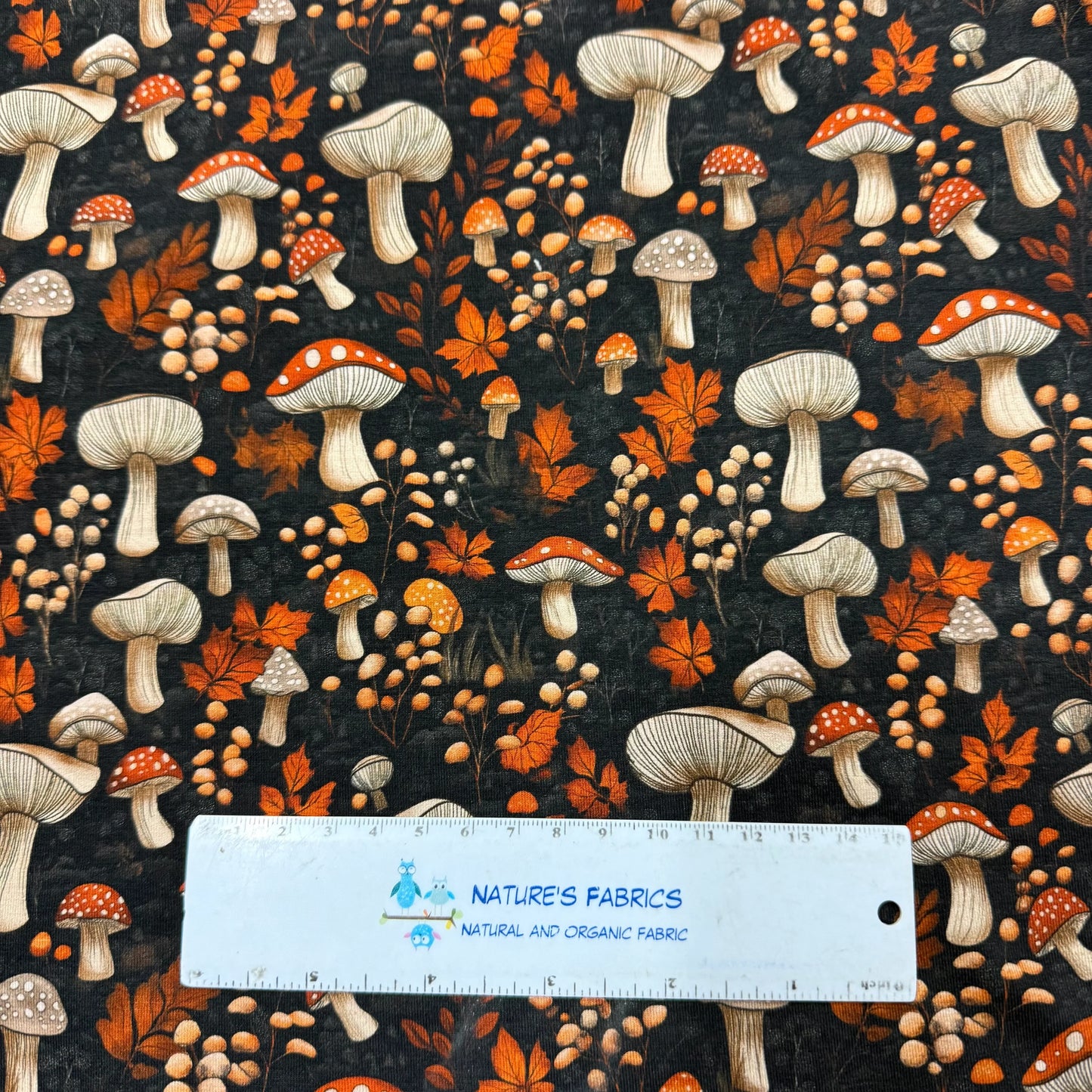 Fall Toadstools on Bamboo/Spandex Jersey Fabric