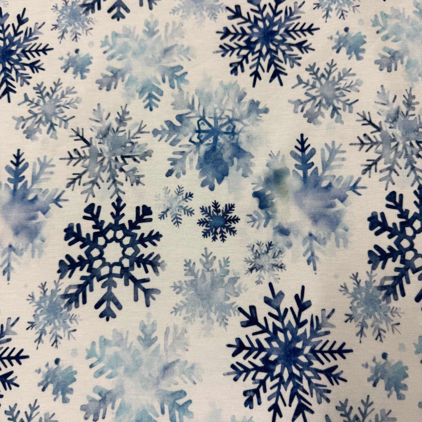 Blue Snowflakes on White Bamboo/Spandex Jersey Fabric