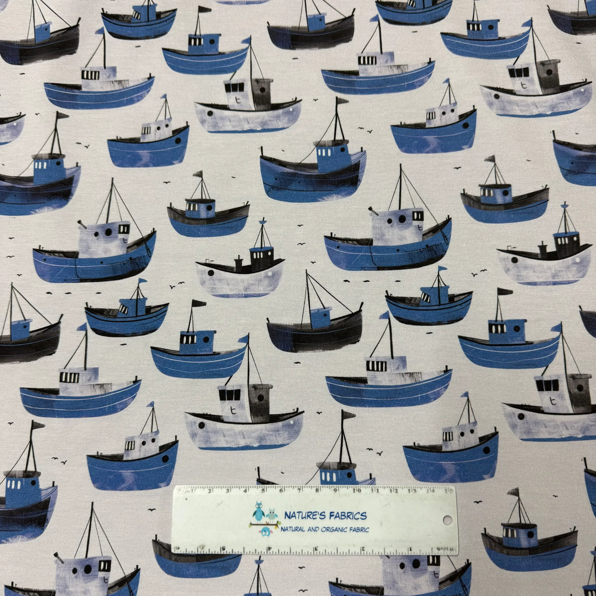 Nature's Fabrics blue boat print organic cotton fabric with nautical design