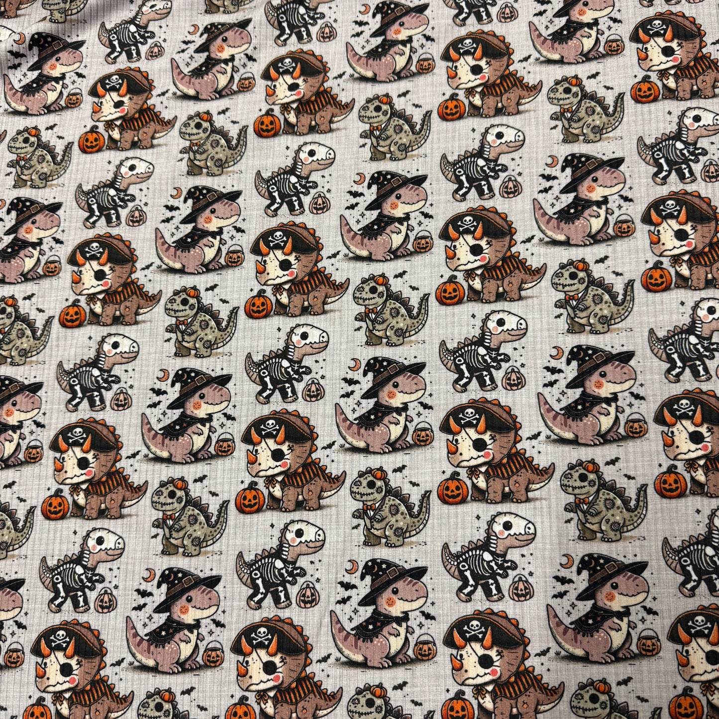 Halloween Dinos on Bamboo/Spandex Rib Knit Fabric