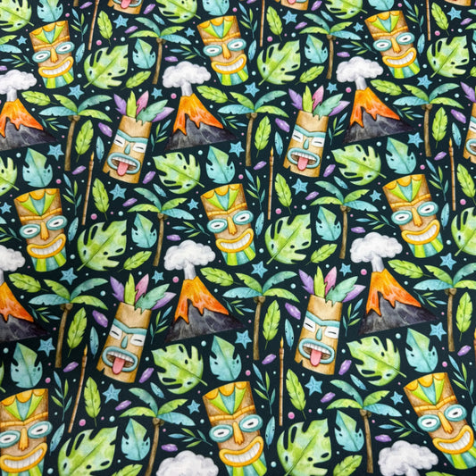 Nature's Fabrics tropical tiki pattern with volcanoes and palm trees