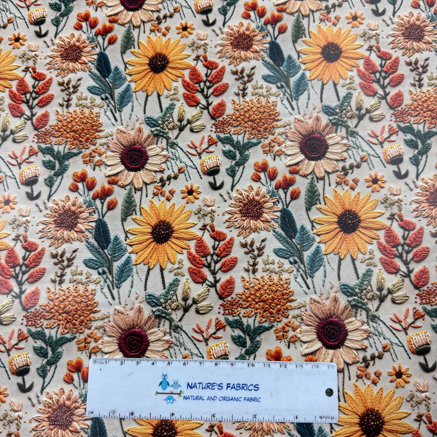 Embroidered Sunflowers on Smooth Vinyl Fabric