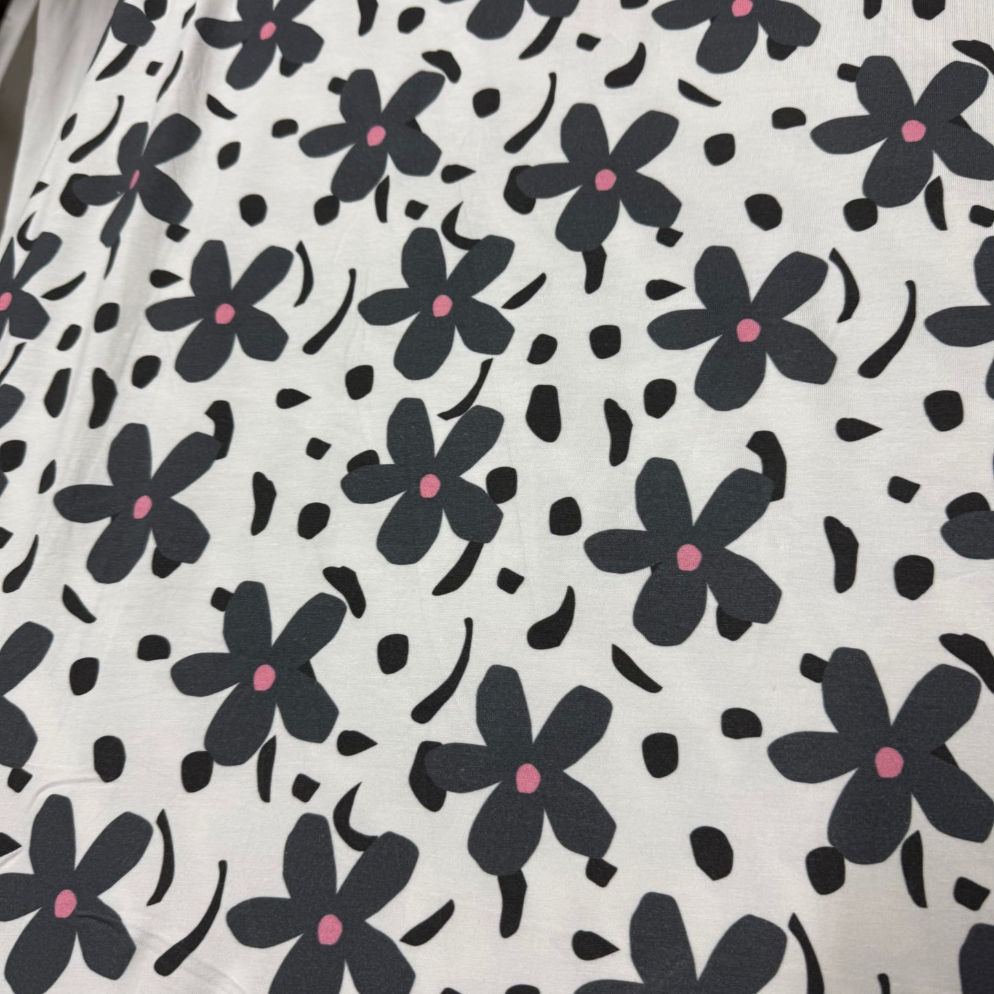 Dark Gray Flowers on Off White Bamboo/Spandex Jersey Fabric - Printed in the USA