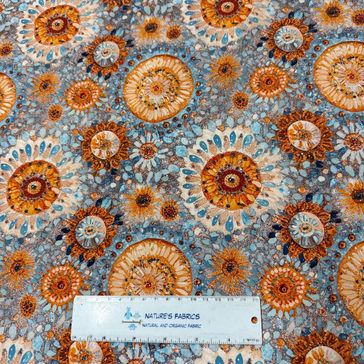 Orange Mandalas on Blue Bamboo/Spandex Jersey Fabric