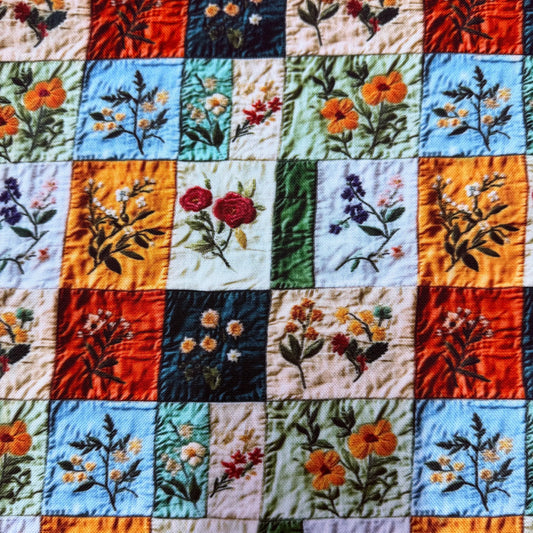 Nature's Fabrics colorful quilted fabric with embroidered floral patterns in a grid layout