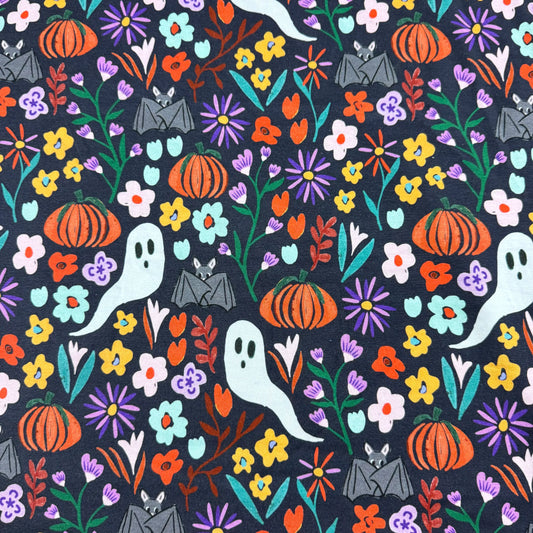 Halloween ghost, bat & pumpkin floral print fabric by Nature's Fabrics