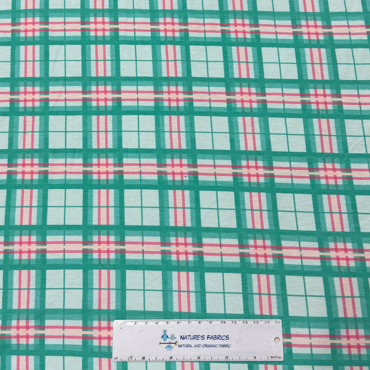 Nature's Fabrics teal and pink plaid organic cotton fabric