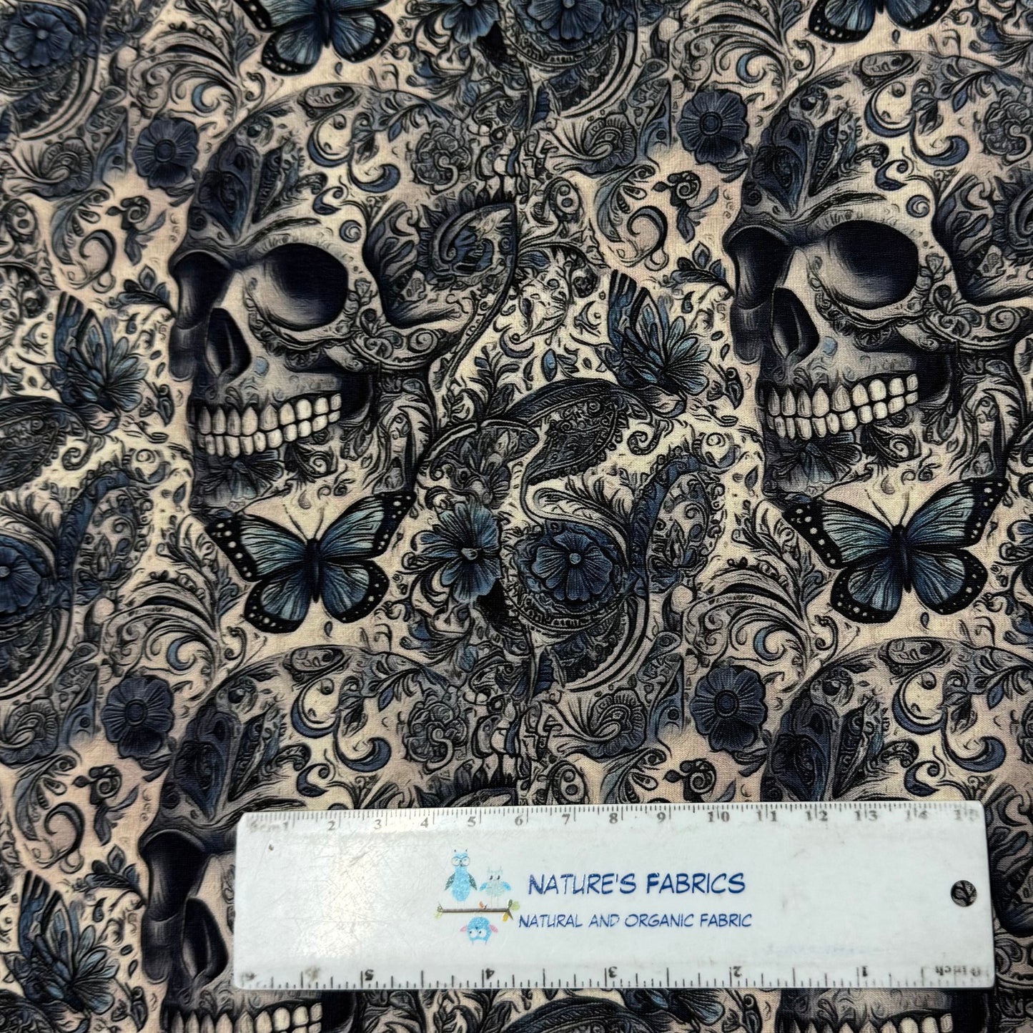Blue Floral Skulls on Organic Cotton/Spandex Jersey Fabric
