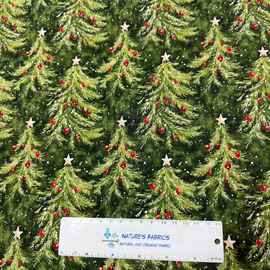 Christmas tree fabric with red ornaments and stars by Nature's Fabrics, natural organic cotton yardage