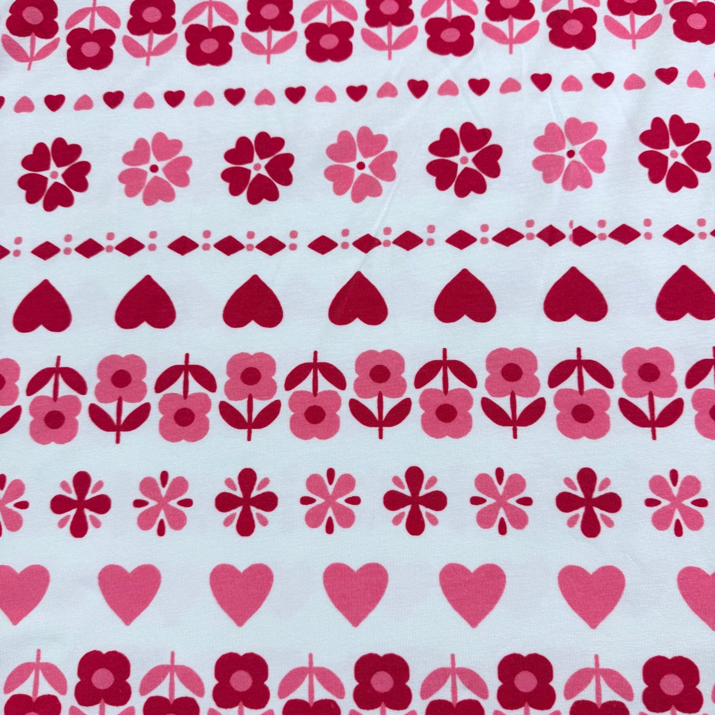 Pink Hearts and Daisies on Off White Bamboo/Spandex Jersey Fabric - Printed in the USA
