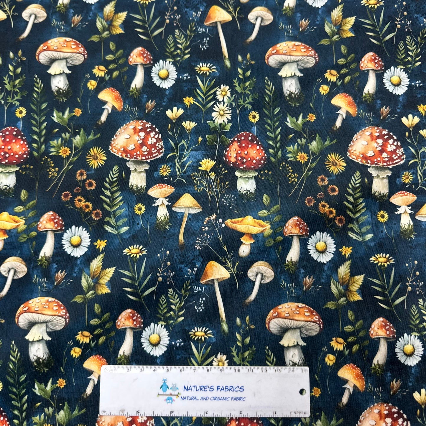 Nature's Fabrics mushroom and floral print fabric with organic cotton design