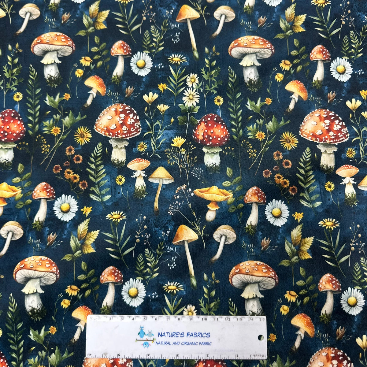 Nature's Fabrics mushroom and floral print fabric with organic cotton design
