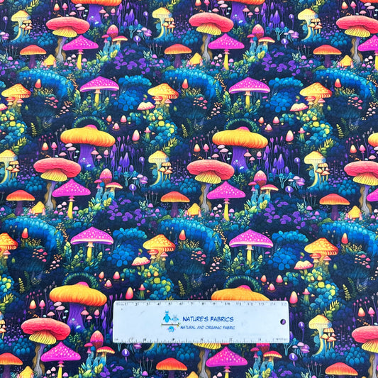 Psychedelic mushroom pattern fabric from Nature's Fabrics with a measuring ruler.