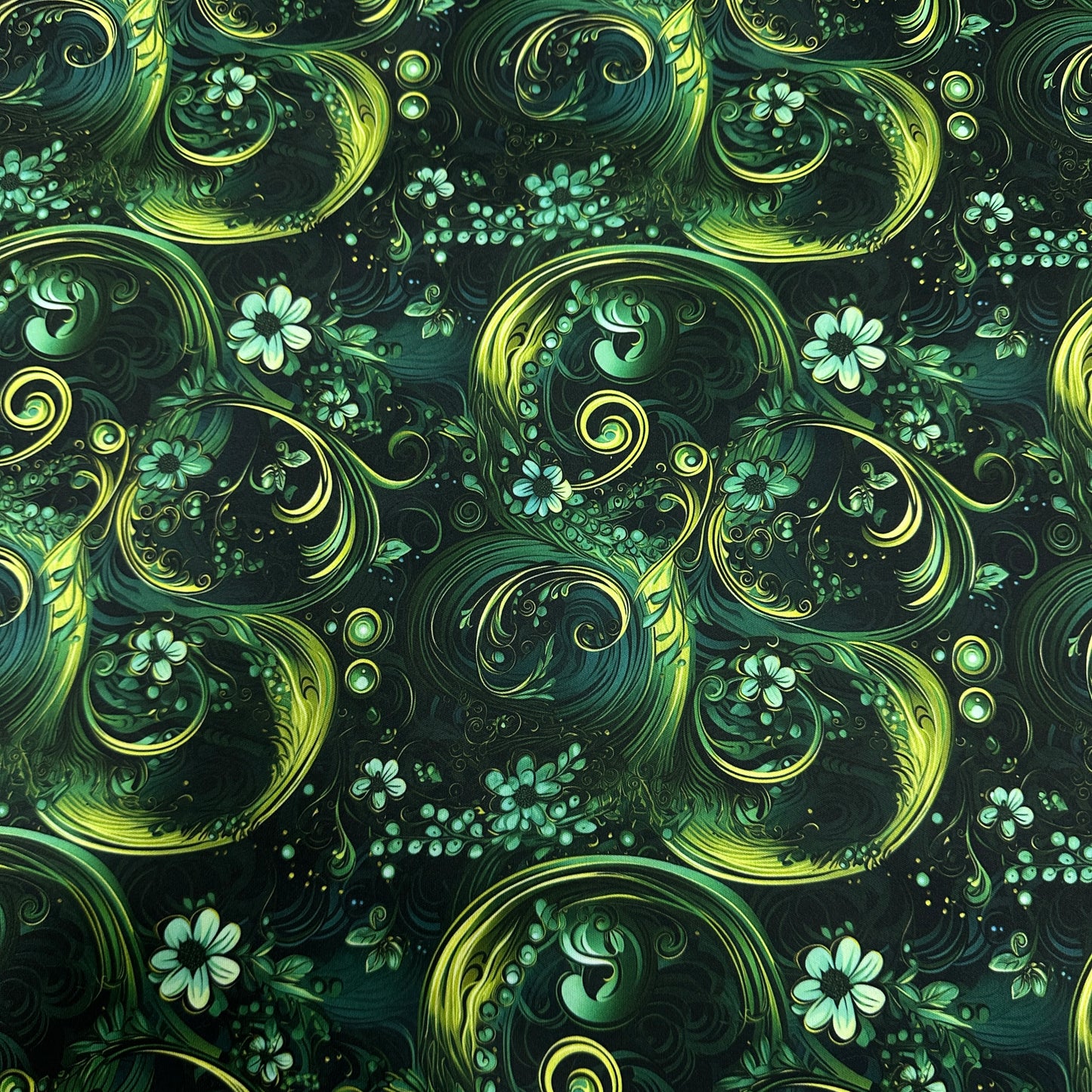 Green Flowery Swirls 1 mil PUL Fabric - Made in the USA