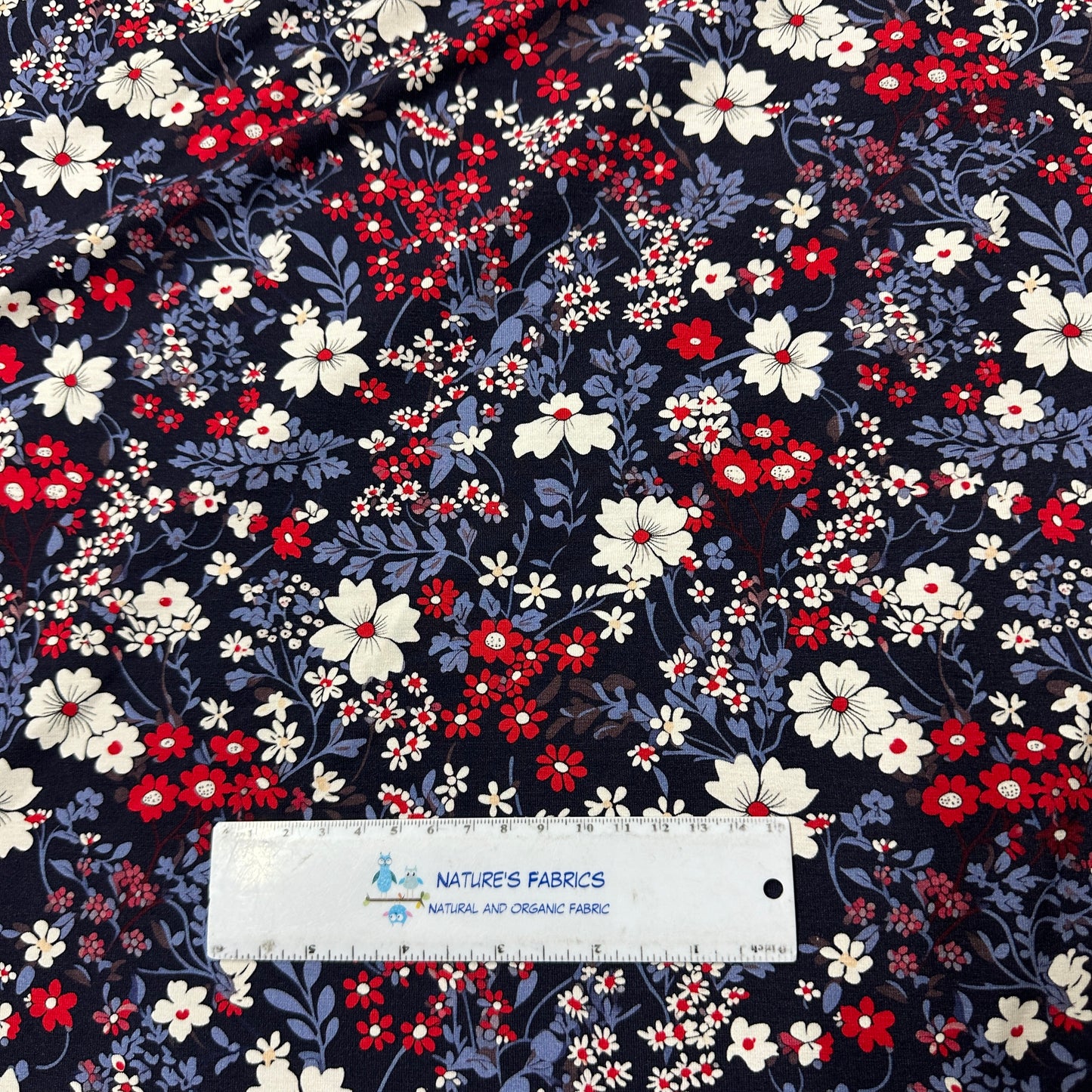 Red, White and Blue Floral on Organic Cotton/Spandex Jersey Fabric