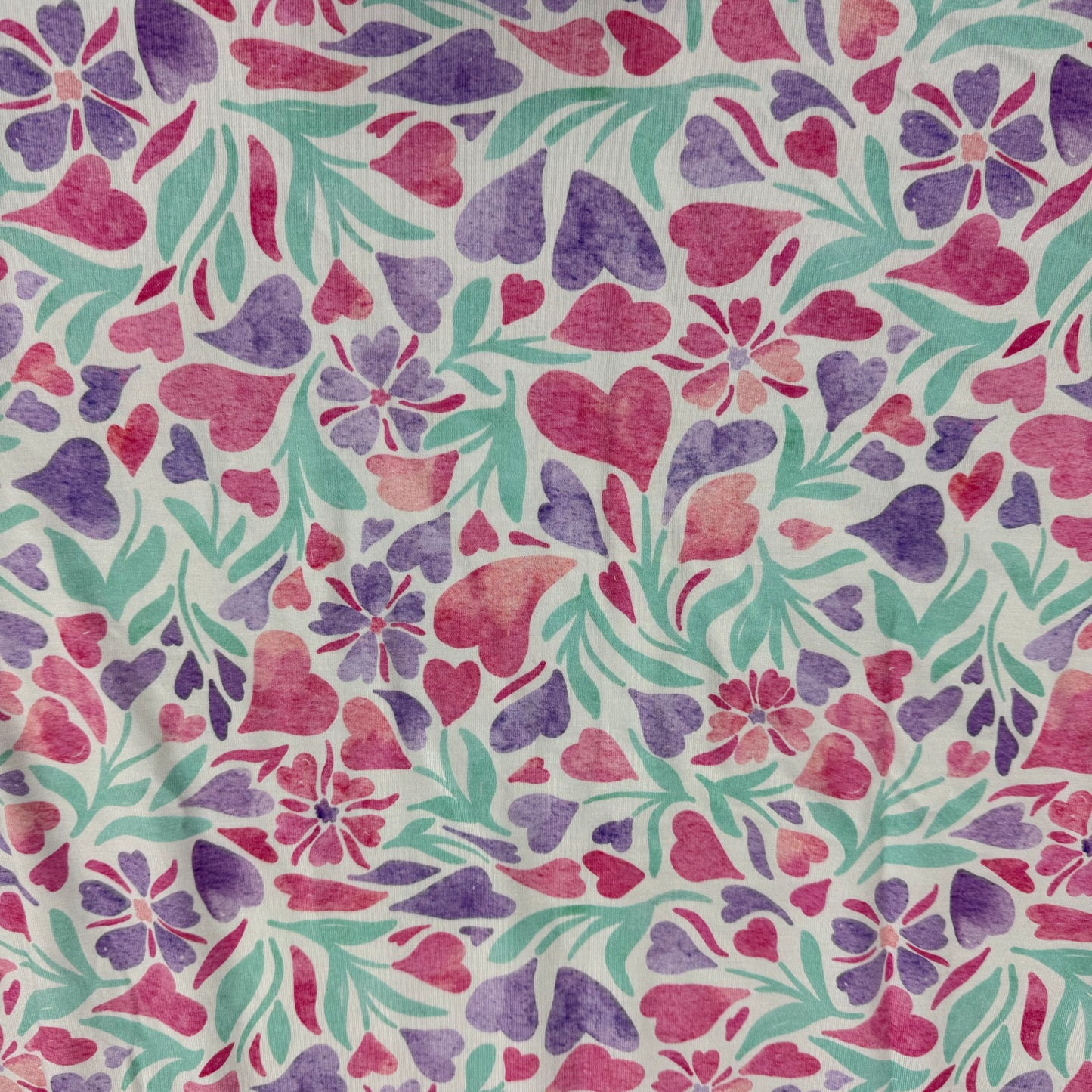 Pink and Purple Hearts and Flowers on Bamboo/Spandex Jersey Fabric - 200 GSM