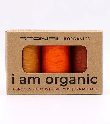 Scanfil Organics i am organic cotton thread spools in warm tones, 30/2 wt, 300 yds each