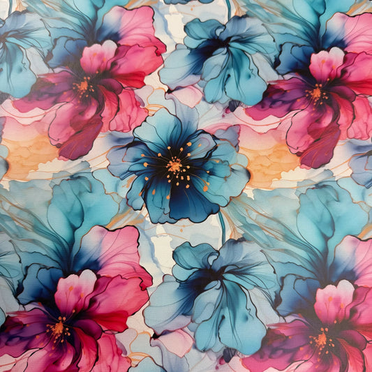 Nature's Fabrics floral print fabric with blue and pink watercolor blossoms