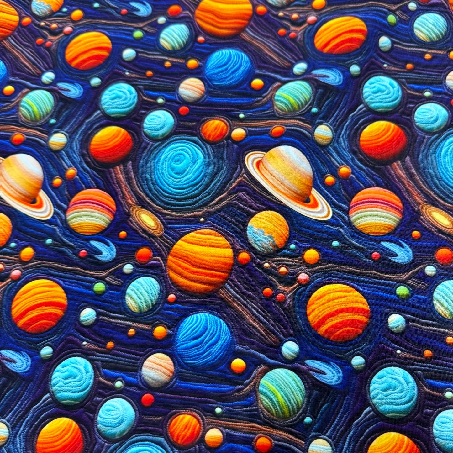 Embroidered Planets on Bamboo/Spandex Jersey Fabric