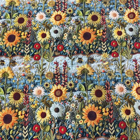 Nature's Fabrics embroidered blue textile featuring sunflowers and bees.