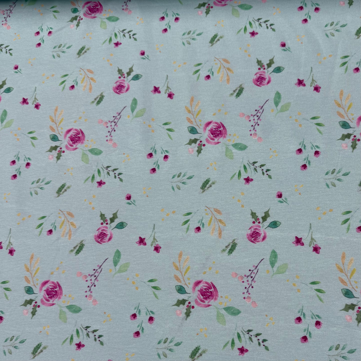 Winter Roses on Teal Bamboo/Spandex Jersey Fabric - Printed in the USA