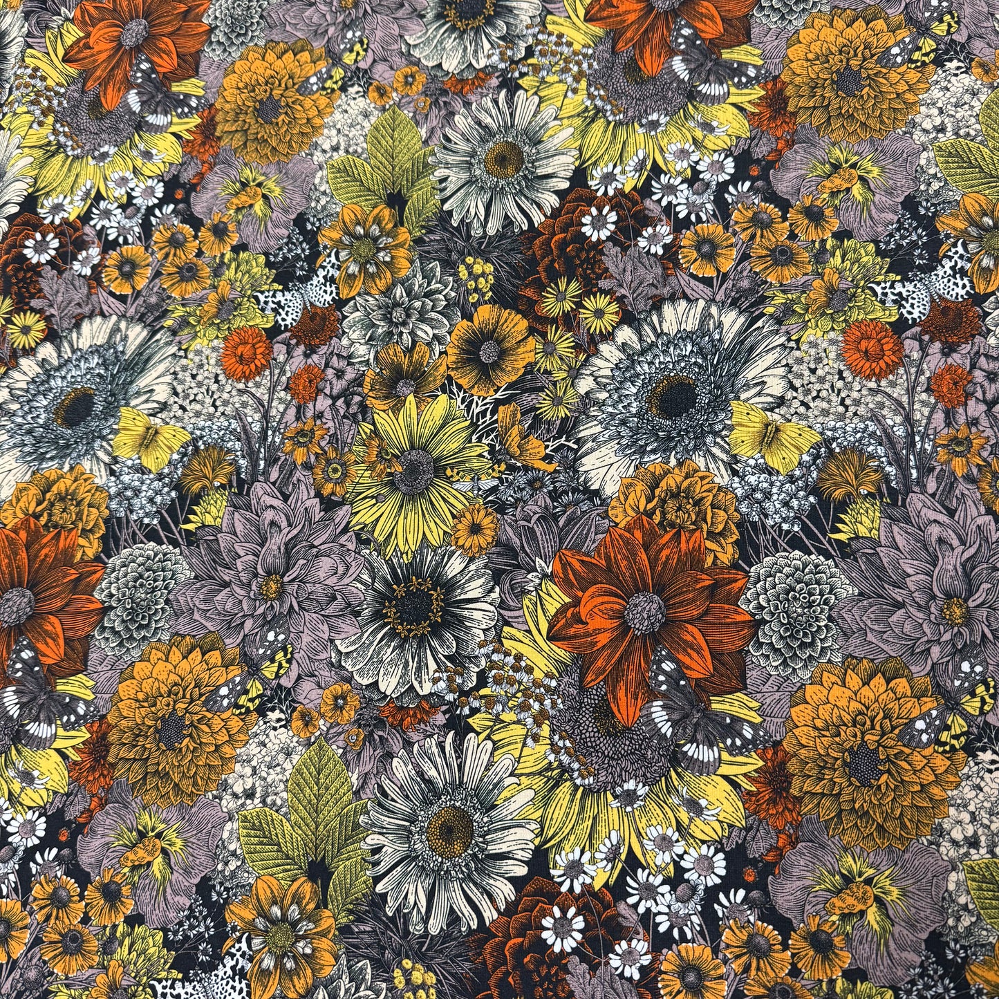 Pen and Ink Fall Flowers on Organic Cotton/Spandex Jersey Fabric